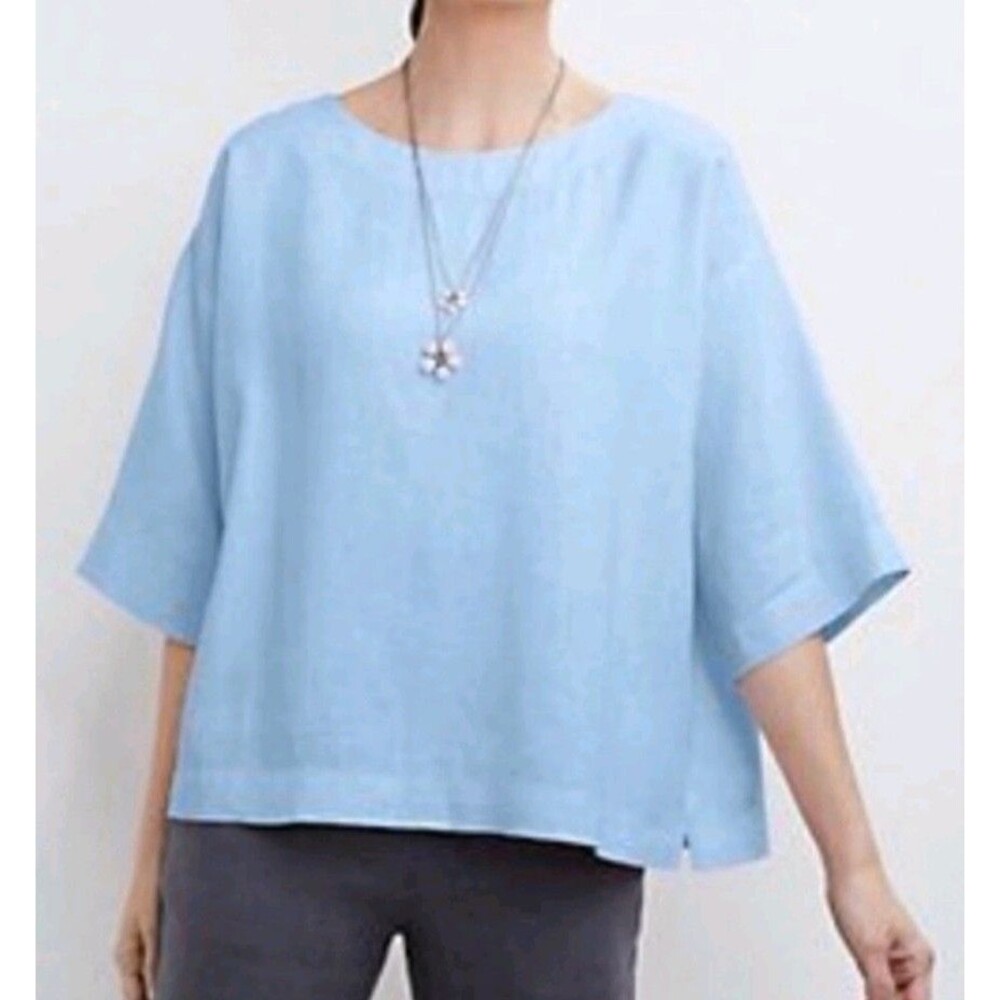 J Jill Pure Jill Top Womens XL Blue Linen Boxy Oversized Kimono Beach Coastal